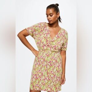 Mango Floral V-Neck Mini Dress – Pink & Lime Green